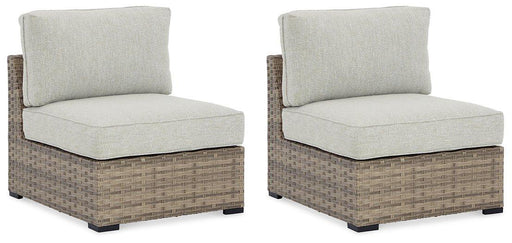 Calworth Outdoor Armless Chair with Cushion (Set of 2) - Furniture Bros & Mattress (Bolingbrook, IL)