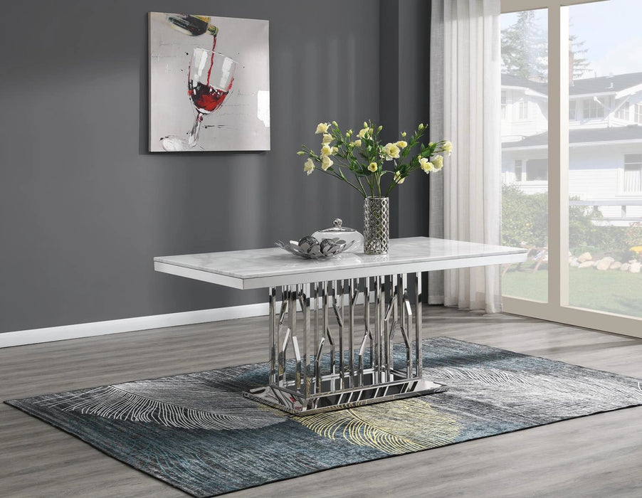 Dining Table (White Marble) & 6 Black Leather Chairs