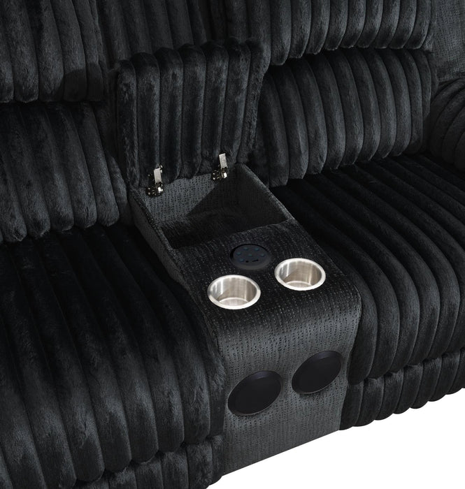 Black Corduroy Power Led Reclining Loveseat W/Bluetooth Speaker