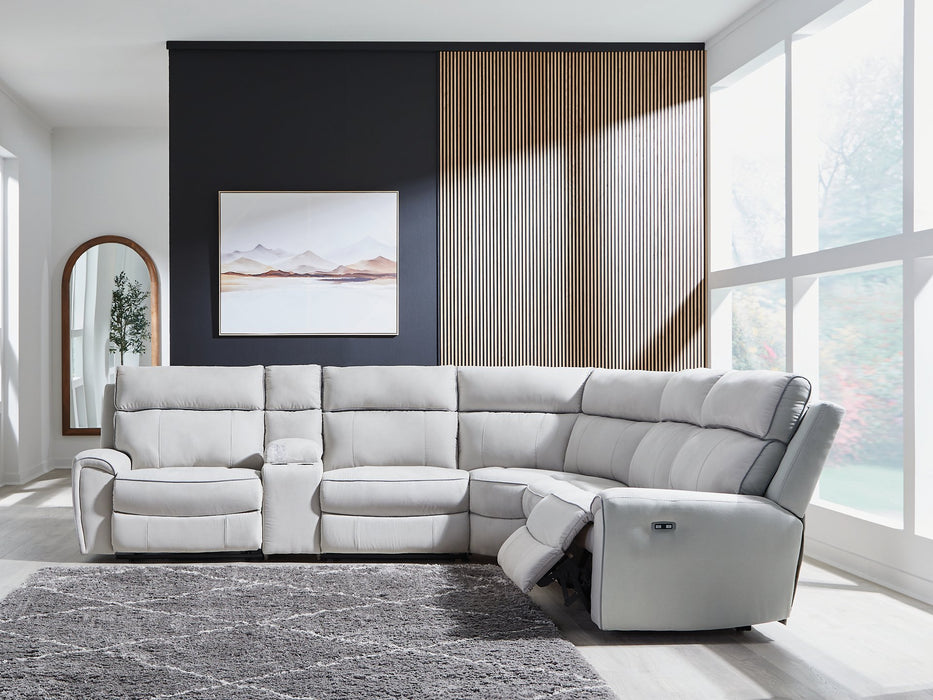 Social Pointe Reclining Sectional with Storage Console - Furniture Bros & Mattress (Bolingbrook, IL)