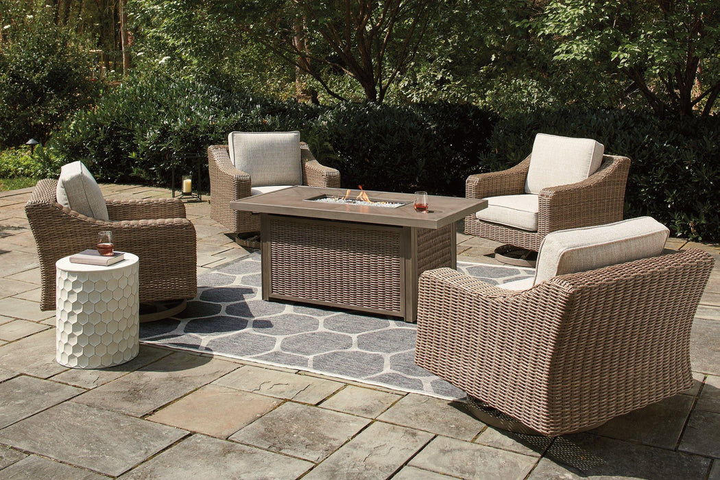 Beachcroft Beachcroft Fire Pit Table with Four Nuvella Swivel Lounge Chairs - Furniture Bros & Mattress (Bolingbrook, IL)