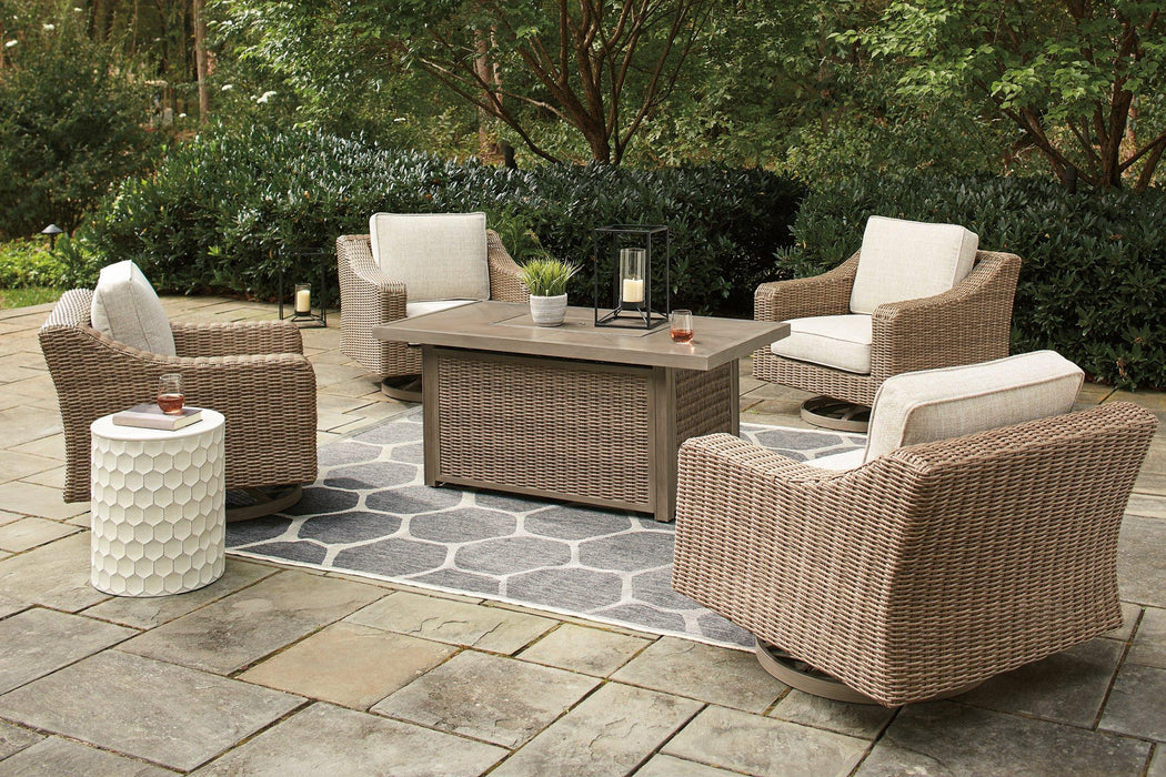 Beachcroft Beachcroft Fire Pit Table with Four Nuvella Swivel Lounge Chairs - Furniture Bros & Mattress (Bolingbrook, IL)