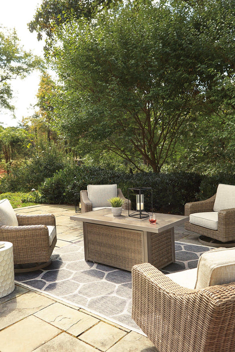 Beachcroft Beachcroft Fire Pit Table with Four Nuvella Swivel Lounge Chairs - Furniture Bros & Mattress (Bolingbrook, IL)