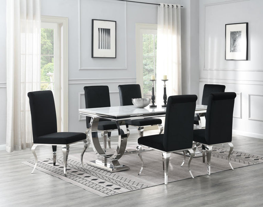 G-082-T-WHITE Dining Table-White Marble-4 Black Leather Chairs