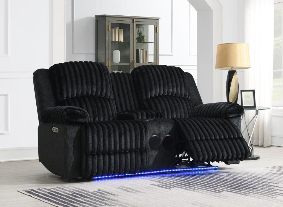 Black Corduroy Power Led Reclining Loveseat W/Bluetooth Speaker