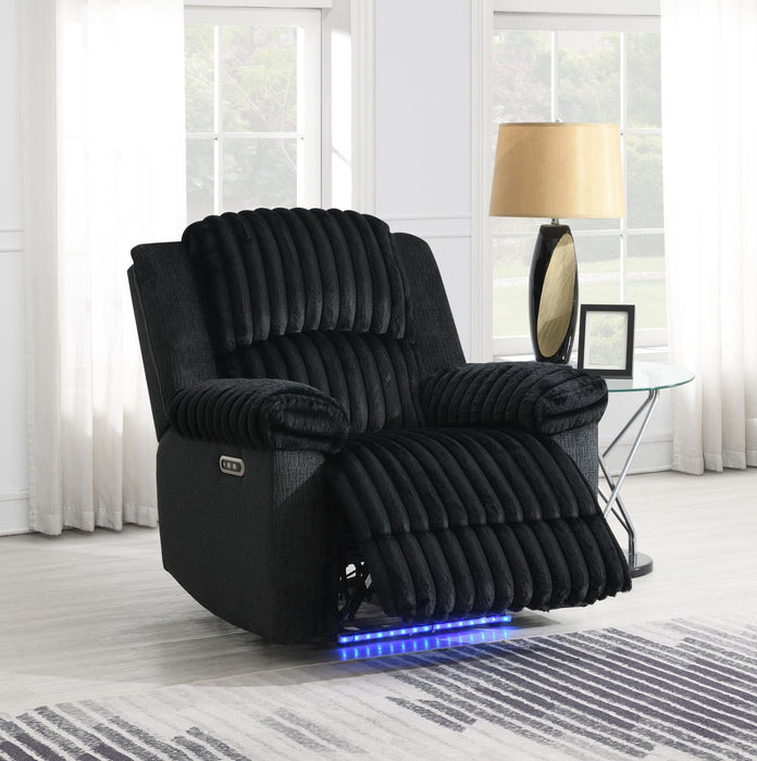 Black Corduroy Power Led Reclining Loveseat W/Bluetooth Speaker